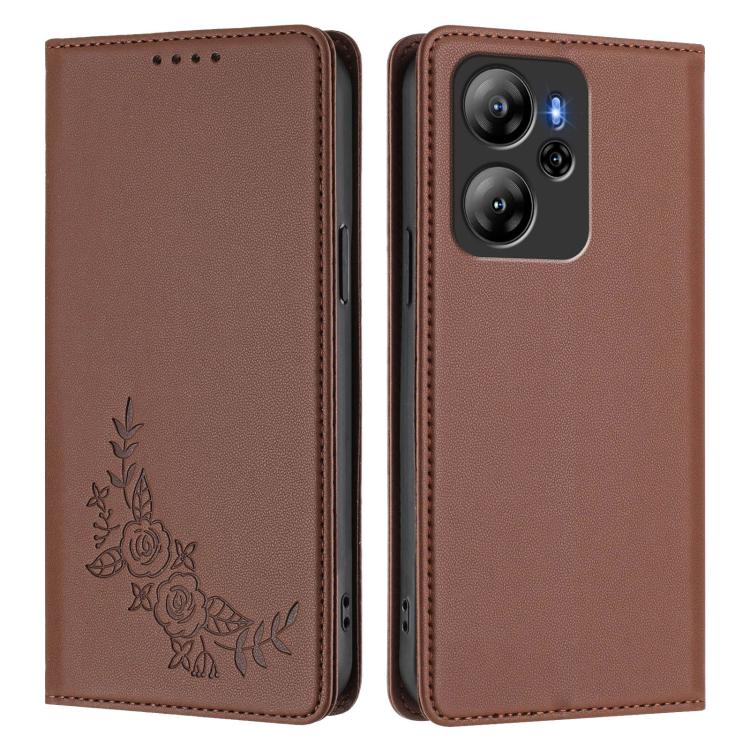 For Blackview Oscal Tiger 13 Peony Embossed Magnetic RFID Vegan Leather Phone Case