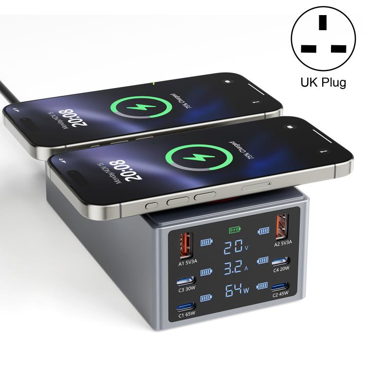 220W Multi-Port Smart Desktop Charging Station with 15W Dual Wireless Charging Function, Plug:UK Plug