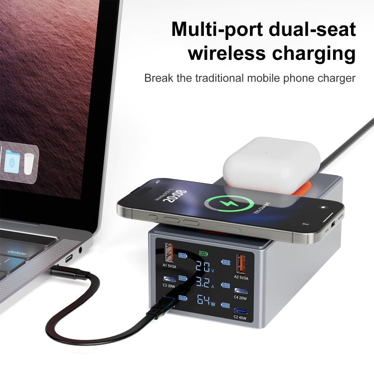 220W Multi-Port Smart Desktop Charging Station with 15W Dual Wireless Charging Function, Plug:UK Plug