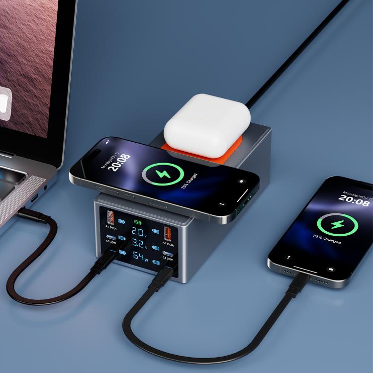 220W Multi-Port Smart Desktop Charging Station with 15W Dual Wireless Charging Function, Plug:UK Plug