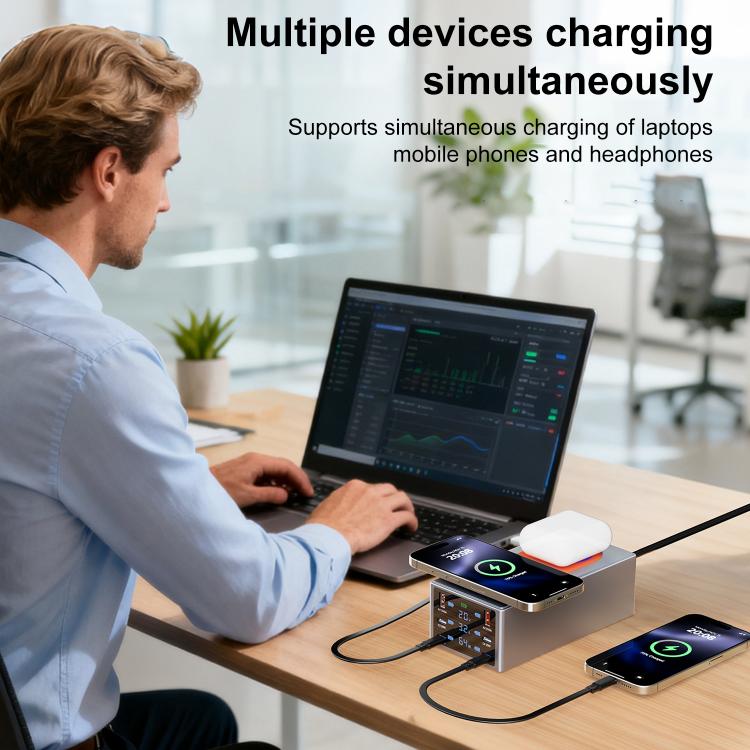 220W Multi-Port Smart Desktop Charging Station with 15W Dual Wireless Charging Function, Plug:UK Plug