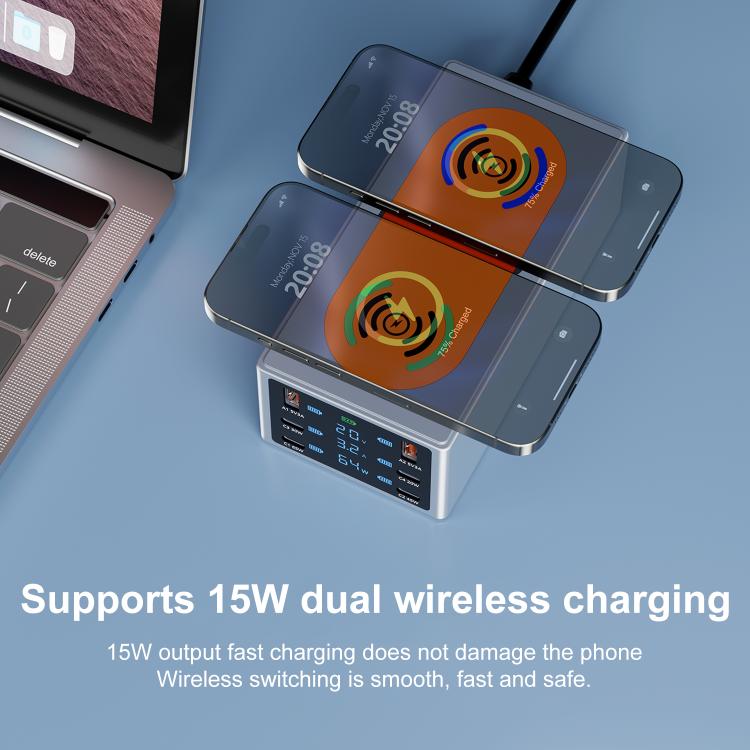 220W Multi-Port Smart Desktop Charging Station with 15W Dual Wireless Charging Function, Plug:UK Plug