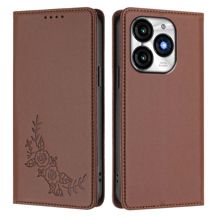 For Itel A70 Peony Embossed Magnetic RFID Vegan Leather Phone Case