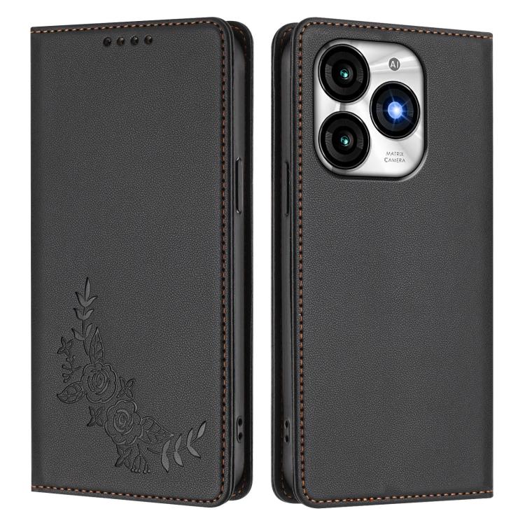For Itel A70 Peony Embossed Magnetic RFID Vegan Leather Phone Case