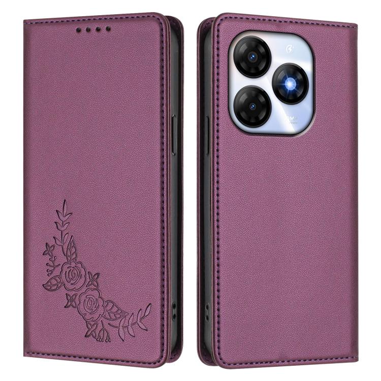 For Itel P55 4G / Infinix Smart 8 Peony Embossed Magnetic RFID Vegan Leather Phone Case