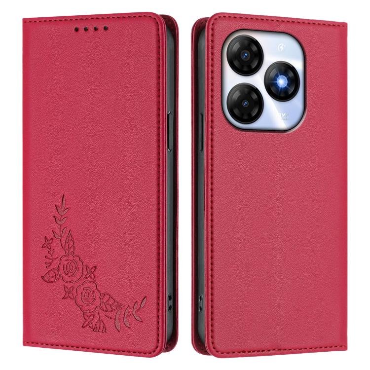 For Itel P55 4G / Infinix Smart 8 Peony Embossed Magnetic RFID Vegan Leather Phone Case