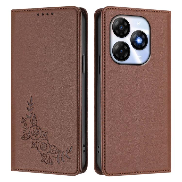 For Itel P55 4G / Infinix Smart 8 Peony Embossed Magnetic RFID Vegan Leather Phone Case