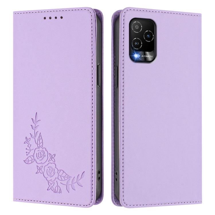 For BLU View 5 Pro Peony Embossed Magnetic RFID Vegan Leather Phone Case