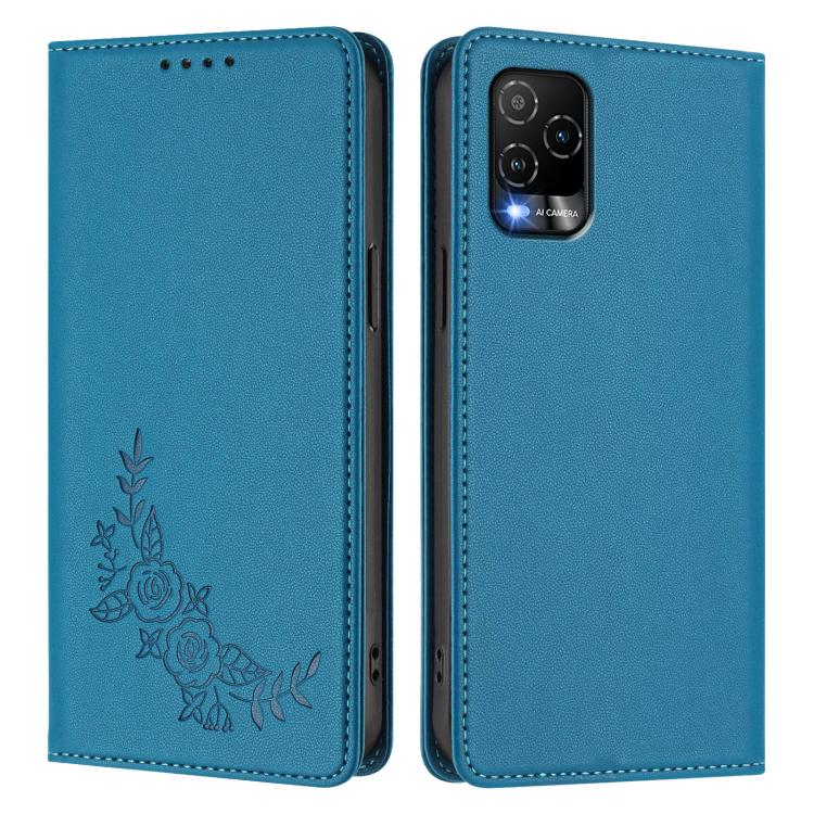 For BLU View 5 Pro Peony Embossed Magnetic RFID Vegan Leather Phone Case
