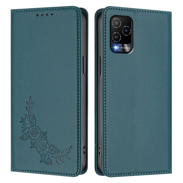 For BLU View 5 Pro Peony Embossed Magnetic RFID Vegan Leather Phone Case