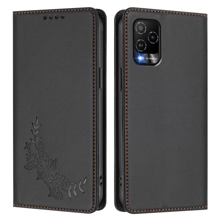 For BLU View 5 Pro Peony Embossed Magnetic RFID Vegan Leather Phone Case