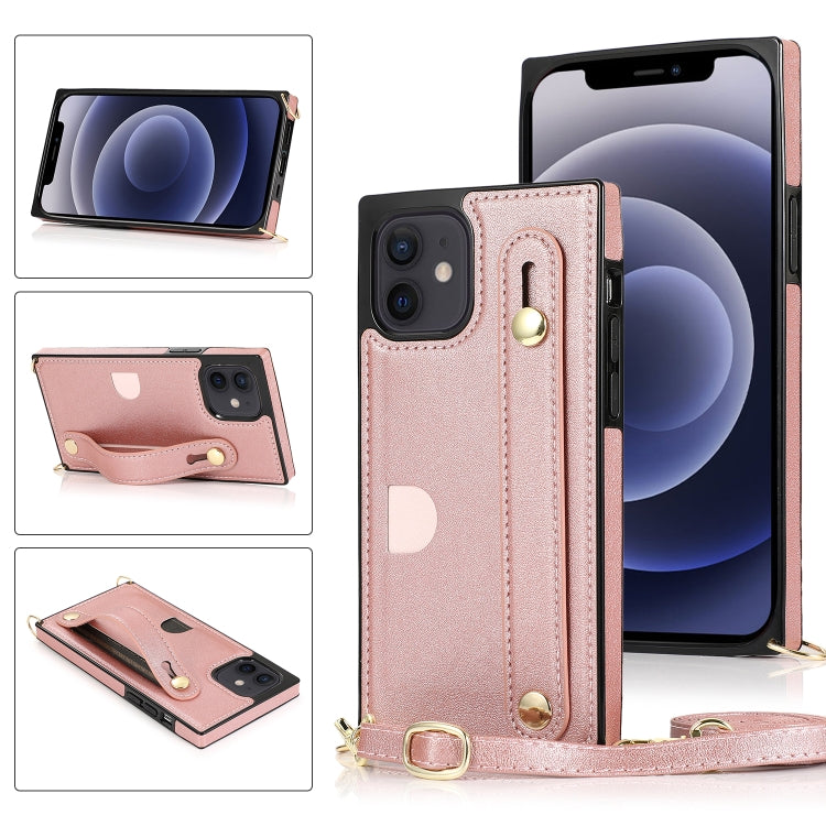 For iPhone 12 mini PU+TPU Shockproof Protective Case with Crossbody Lanyard & Holder & Card Slot & Wrist Strap
