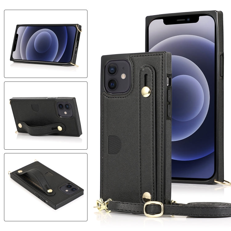 For iPhone 12 mini PU+TPU Shockproof Protective Case with Crossbody Lanyard & Holder & Card Slot & Wrist Strap