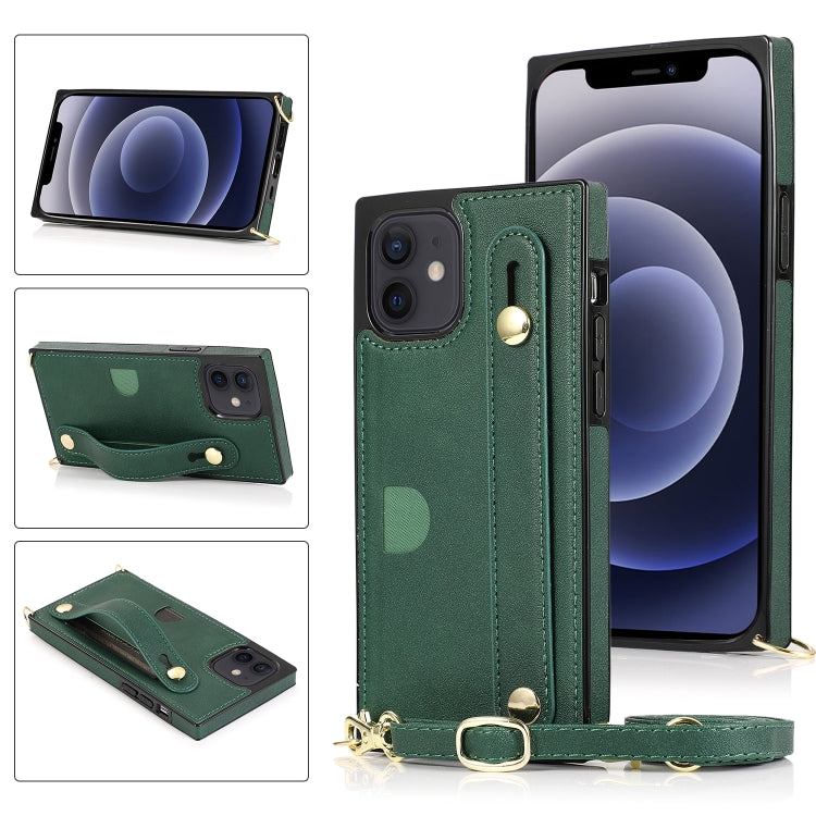 For iPhone 12 mini PU+TPU Shockproof Protective Case with Crossbody Lanyard & Holder & Card Slot & Wrist Strap