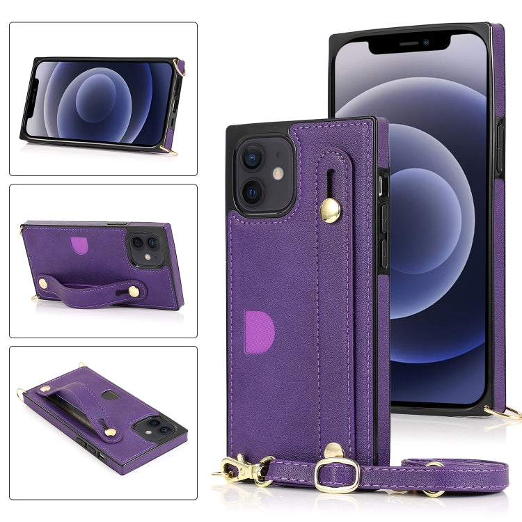 For iPhone 12 mini PU+TPU Shockproof Protective Case with Crossbody Lanyard & Holder & Card Slot & Wrist Strap