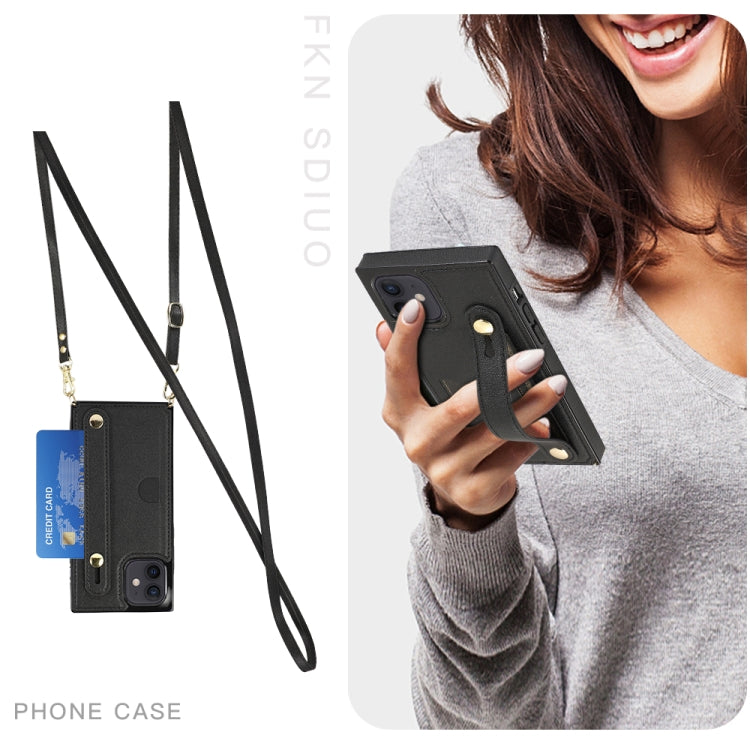 For iPhone 12 mini PU+TPU Shockproof Protective Case with Crossbody Lanyard & Holder & Card Slot & Wrist Strap