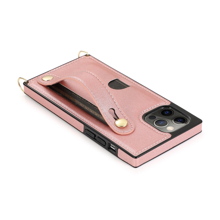 For iPhone 12 / 12 Pro PU+TPU Shockproof Protective Case with Crossbody Lanyard & Holder & Card Slot & Wrist Strap