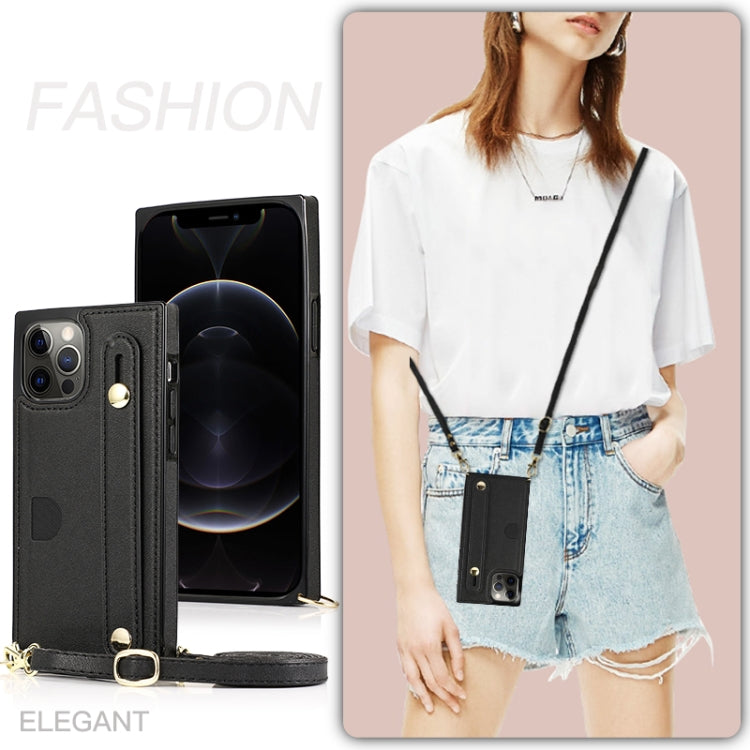 For iPhone 12 / 12 Pro PU+TPU Shockproof Protective Case with Crossbody Lanyard & Holder & Card Slot & Wrist Strap