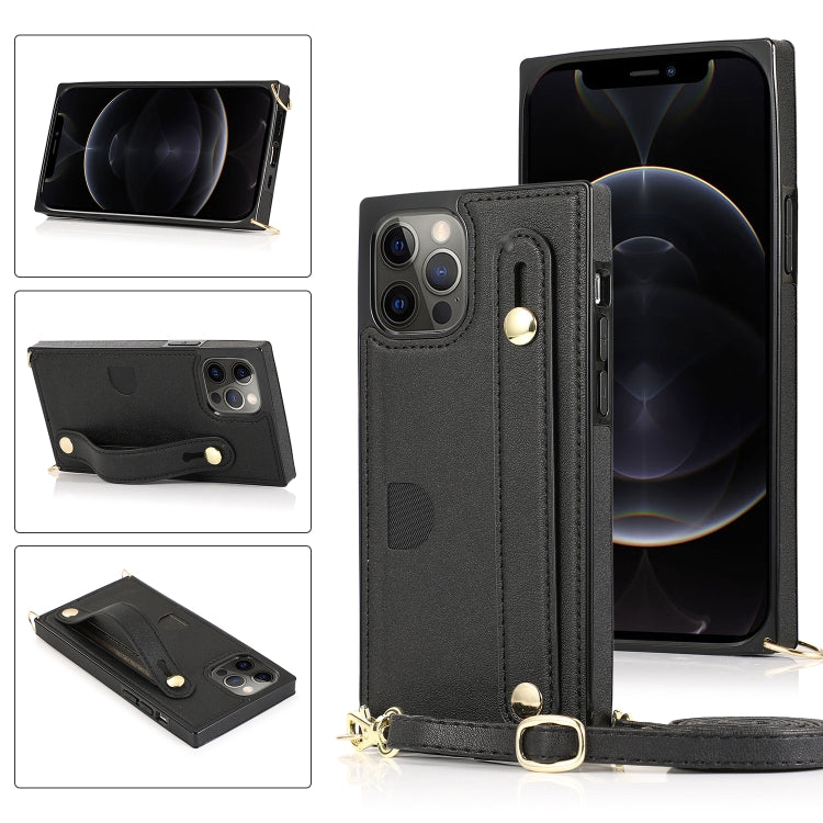 For iPhone 12 / 12 Pro PU+TPU Shockproof Protective Case with Crossbody Lanyard & Holder & Card Slot & Wrist Strap
