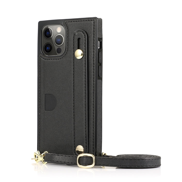 For iPhone 12 / 12 Pro PU+TPU Shockproof Protective Case with Crossbody Lanyard & Holder & Card Slot & Wrist Strap
