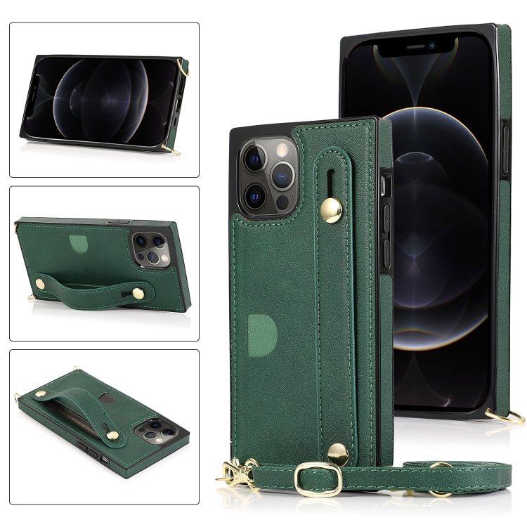 For iPhone 12 / 12 Pro PU+TPU Shockproof Protective Case with Crossbody Lanyard & Holder & Card Slot & Wrist Strap