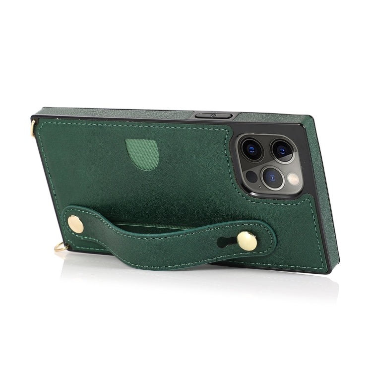 For iPhone 12 / 12 Pro PU+TPU Shockproof Protective Case with Crossbody Lanyard & Holder & Card Slot & Wrist Strap