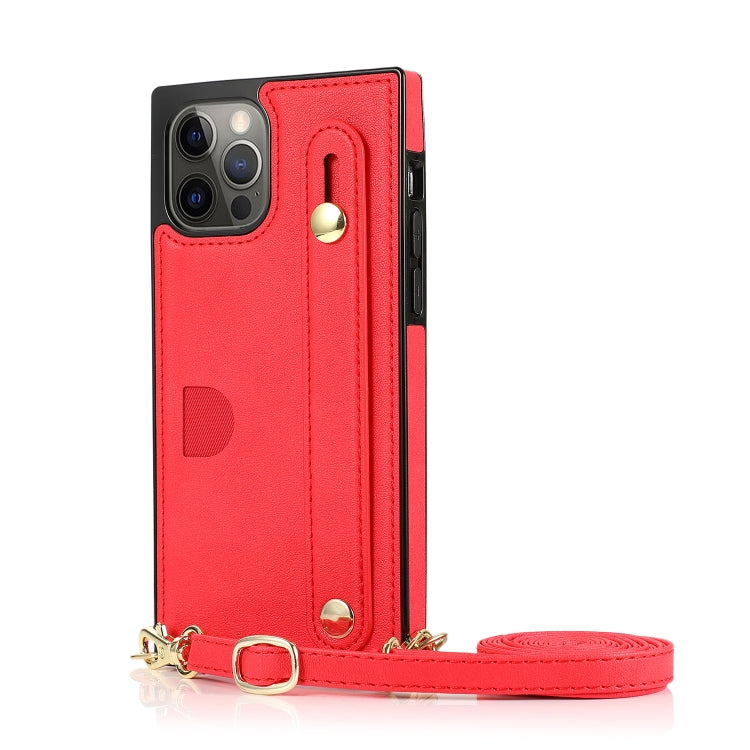 For iPhone 12 / 12 Pro PU+TPU Shockproof Protective Case with Crossbody Lanyard & Holder & Card Slot & Wrist Strap