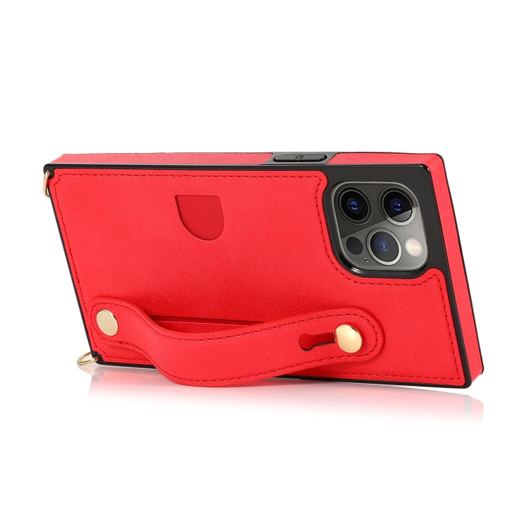 For iPhone 12 / 12 Pro PU+TPU Shockproof Protective Case with Crossbody Lanyard & Holder & Card Slot & Wrist Strap