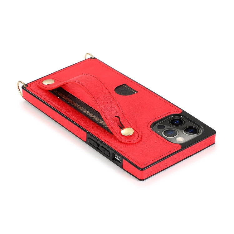 For iPhone 12 / 12 Pro PU+TPU Shockproof Protective Case with Crossbody Lanyard & Holder & Card Slot & Wrist Strap