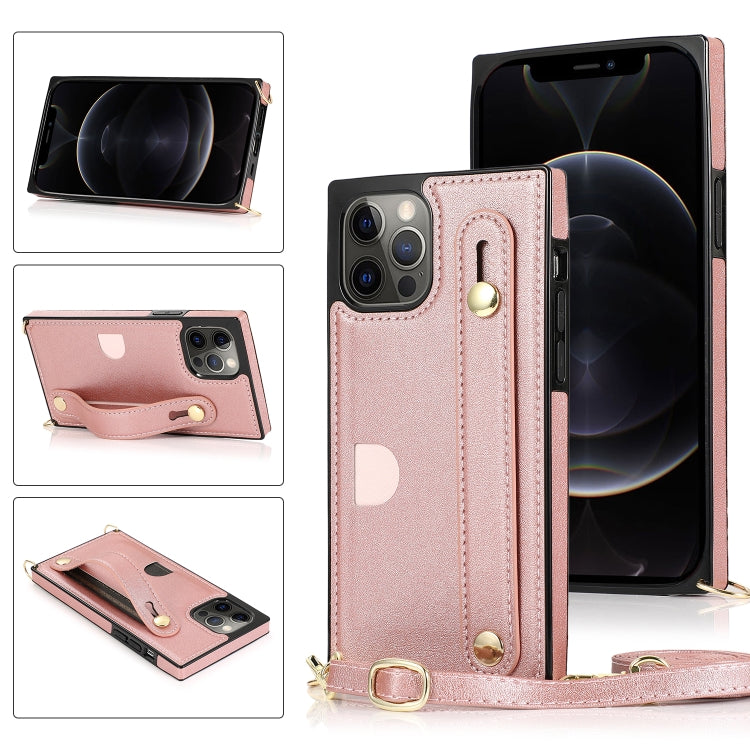 For iPhone 12 Pro Max PU+TPU Shockproof Protective Case with Crossbody Lanyard & Holder & Card Slot & Wrist Strap