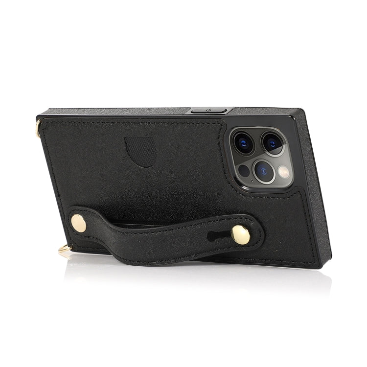 For iPhone 12 Pro Max PU+TPU Shockproof Protective Case with Crossbody Lanyard & Holder & Card Slot & Wrist Strap