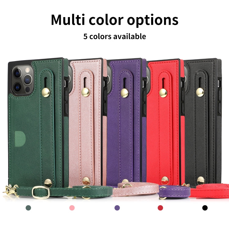For iPhone 12 Pro Max PU+TPU Shockproof Protective Case with Crossbody Lanyard & Holder & Card Slot & Wrist Strap