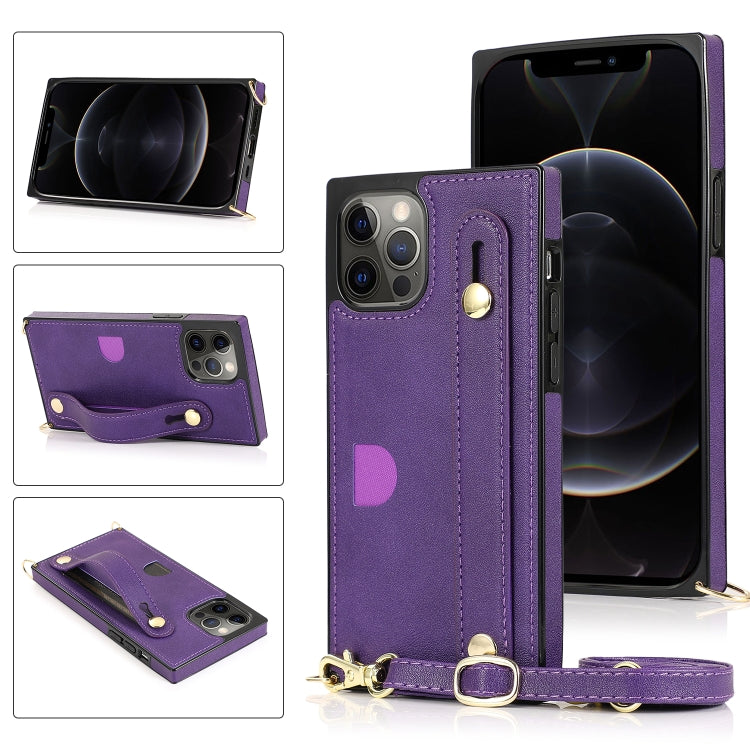 For iPhone 12 Pro Max PU+TPU Shockproof Protective Case with Crossbody Lanyard & Holder & Card Slot & Wrist Strap