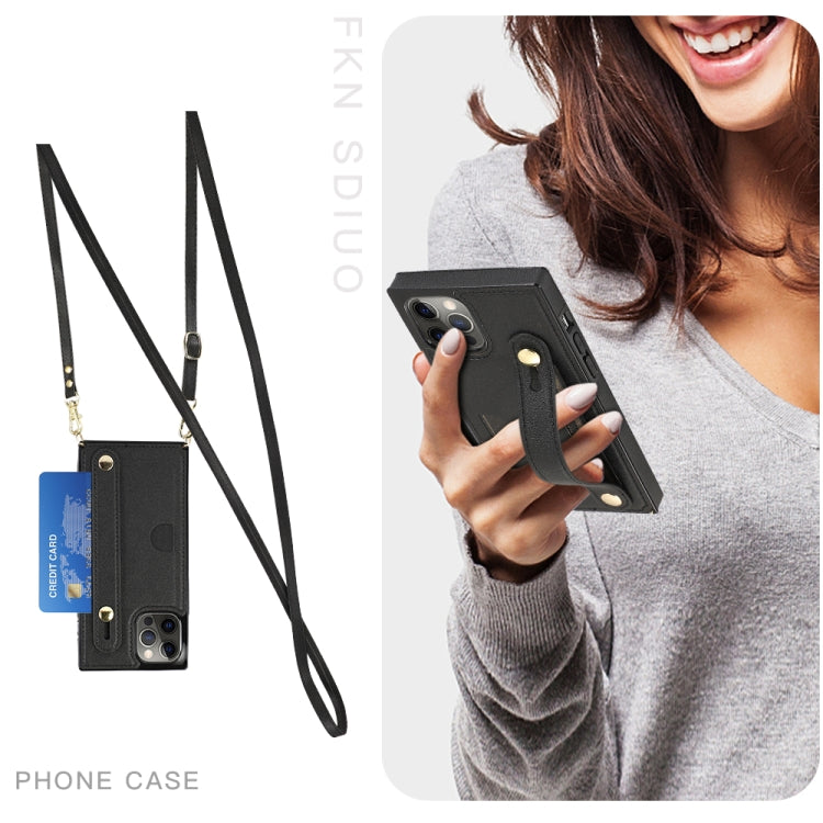 For iPhone 12 Pro Max PU+TPU Shockproof Protective Case with Crossbody Lanyard & Holder & Card Slot & Wrist Strap