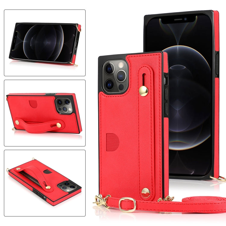 For iPhone 12 Pro Max PU+TPU Shockproof Protective Case with Crossbody Lanyard & Holder & Card Slot & Wrist Strap