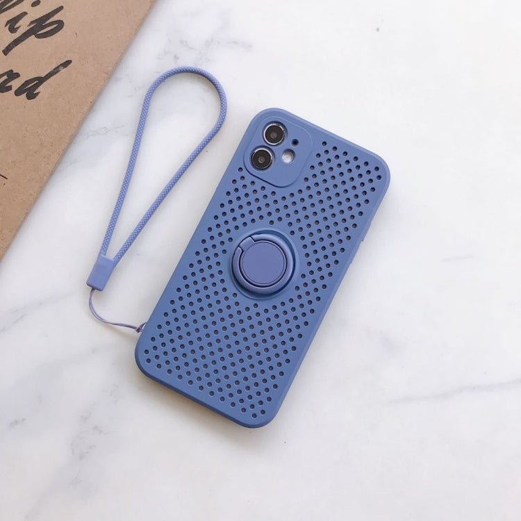 For iPhone 11 Pro Max Liquid Silicone Shockproof Cooling Mesh Case with Magnetic Ring Holder & Lanyard