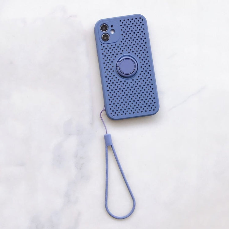 For iPhone 11 Pro Max Liquid Silicone Shockproof Cooling Mesh Case with Magnetic Ring Holder & Lanyard