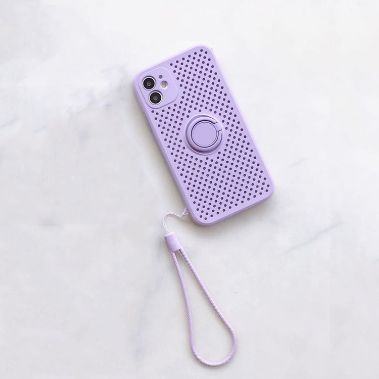 For iPhone 11 Pro Max Liquid Silicone Shockproof Cooling Mesh Case with Magnetic Ring Holder & Lanyard