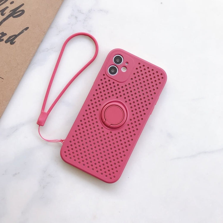 For iPhone 11 Pro Max Liquid Silicone Shockproof Cooling Mesh Case with Magnetic Ring Holder & Lanyard