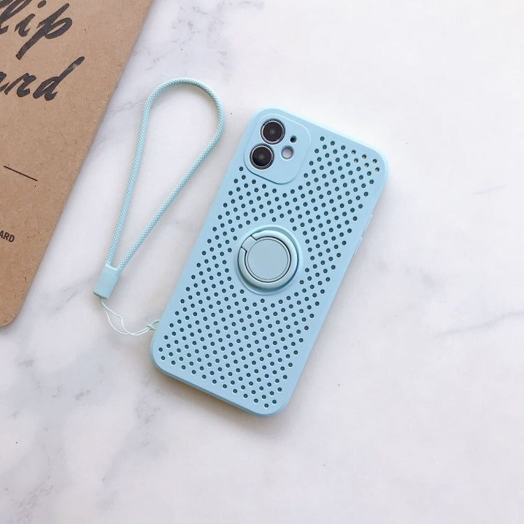 For iPhone 11 Pro Max Liquid Silicone Shockproof Cooling Mesh Case with Magnetic Ring Holder & Lanyard