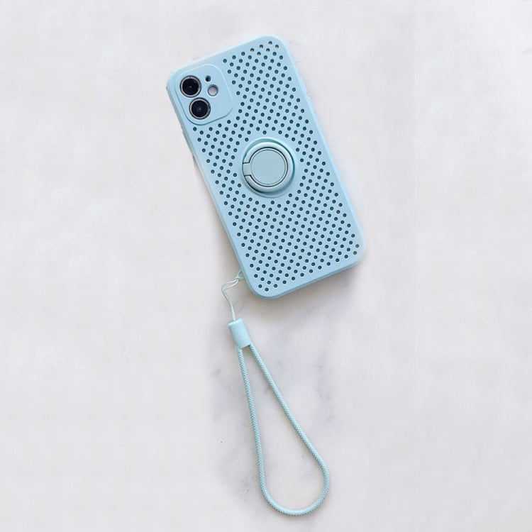 For iPhone 11 Pro Max Liquid Silicone Shockproof Cooling Mesh Case with Magnetic Ring Holder & Lanyard