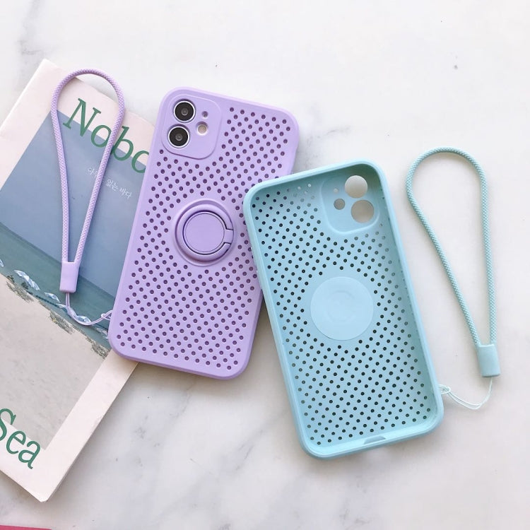 For iPhone 11 Pro Liquid Silicone Shockproof Cooling Mesh Case with Magnetic Ring Holder & Lanyard