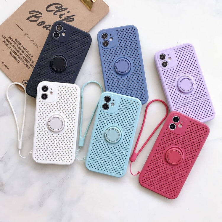 For iPhone 11 Pro Liquid Silicone Shockproof Cooling Mesh Case with Magnetic Ring Holder & Lanyard