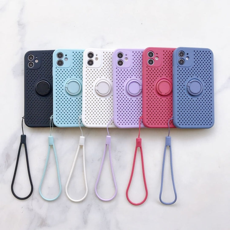 For iPhone 11 Pro Liquid Silicone Shockproof Cooling Mesh Case with Magnetic Ring Holder & Lanyard
