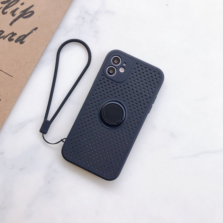 For iPhone 11 Liquid Silicone Shockproof Cooling Mesh Case with Magnetic Ring Holder & Lanyard