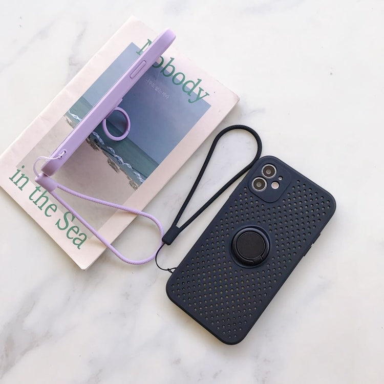 For iPhone 11 Liquid Silicone Shockproof Cooling Mesh Case with Magnetic Ring Holder & Lanyard