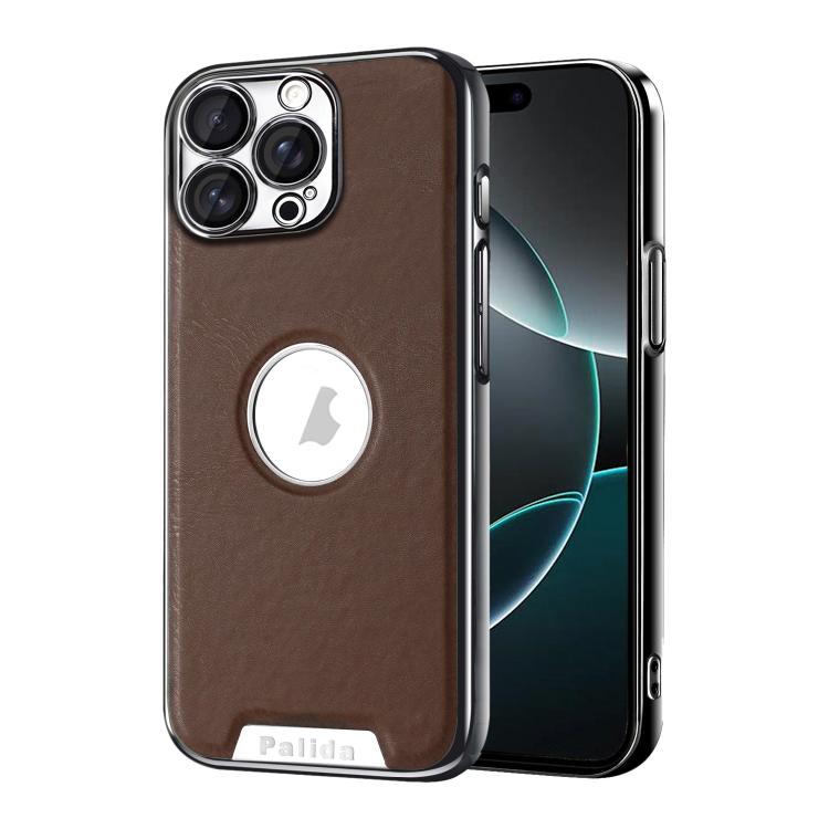 For iPhone 16 Pro Palida Electroplated Mecha-Style Vegan Leather Shockproof Phone Case