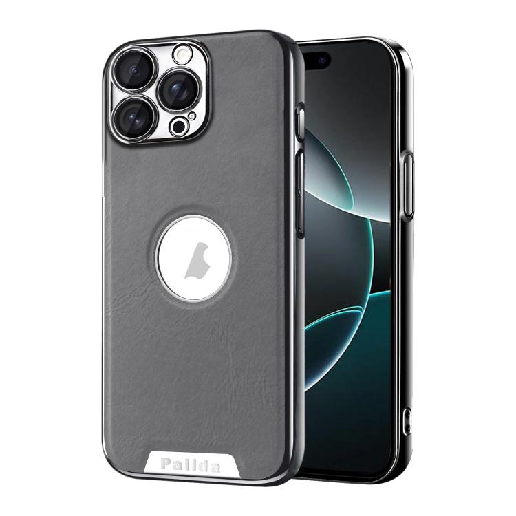 For iPhone 16 Pro Palida Electroplated Mecha-Style Vegan Leather Shockproof Phone Case