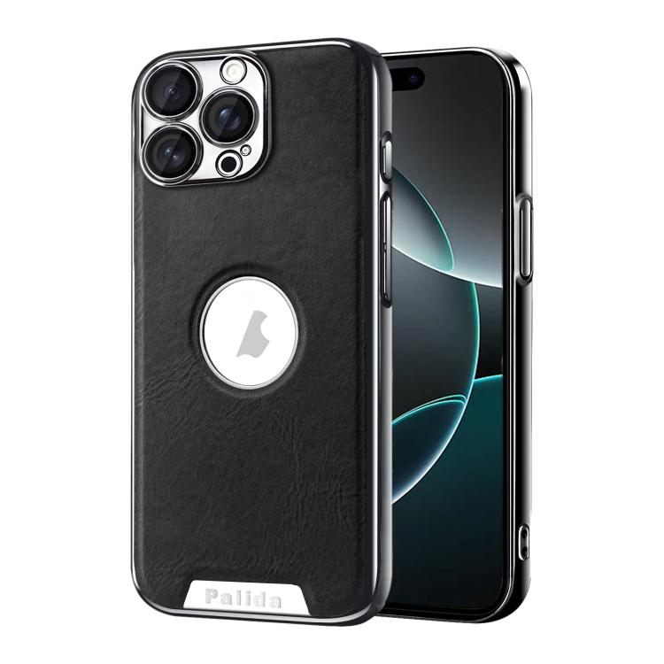 For iPhone 16 Pro Palida Electroplated Mecha-Style Vegan Leather Shockproof Phone Case