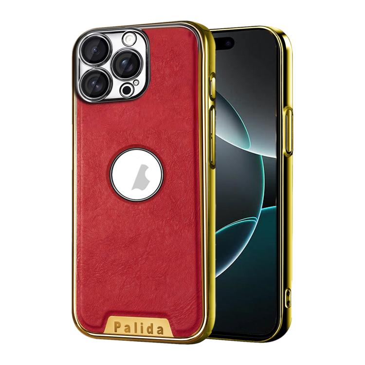For iPhone 16 Pro Palida Electroplated Mecha-Style Vegan Leather Shockproof Phone Case